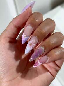 24Pcs Long Stiletto Press On Nails Pink Purple Gradient Flower Nail Art With Pearls & Rhinestones Luxury Glossy Acrylic Fake Nails Reusable False Nails For Women - Mauve Purple - View 4