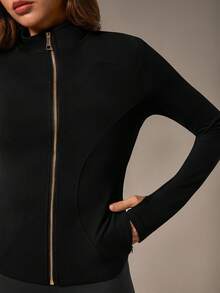 NcmRyu 1pc Women Metal Zipper Stand Collar Thumb Hole Long Sleeve Sports Jacket - màu đen - Xem 5