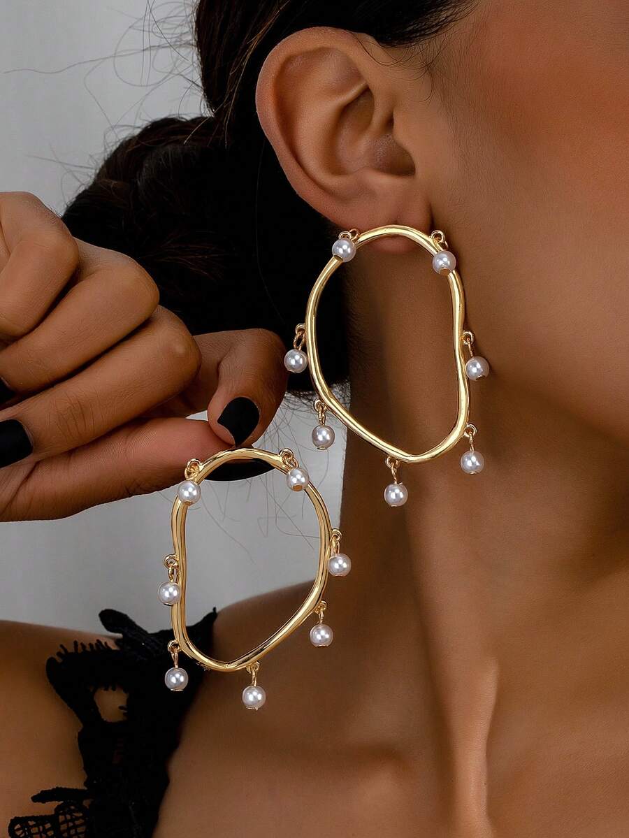 1对夸张几何不对称珍珠耳坠（女士款） - 彩色 - 查看 1