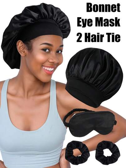 Sleep Mask And Hair Care Tool Set: Includes 1 Soft Sleep Mask, 1 Satin Sleep Cap, And 2 Hair Bands/Scrunhies , Suitable For Travel And Relaxation, Compatible With Both Normal And Relaxed Textured Hair
