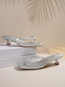 "2026 New Square-Toe Kitten Heel Sandals - Black, Versatile, Thin Heel, Toe-Post Flip Flops For Women" - Silver - View 6