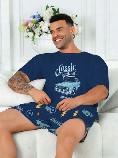 Bộ đồ ngủ nam cỡ lớn | Áo tay ngắn cổ tròn và quần short cạp chun, kiểu dáng thường ngày, 2 món | Vải dệt kim polyester, thoáng khí, thân thiện với da, dáng rộng | Thiết kế thường ngày in hình xe hơi cổ điển cá tính
