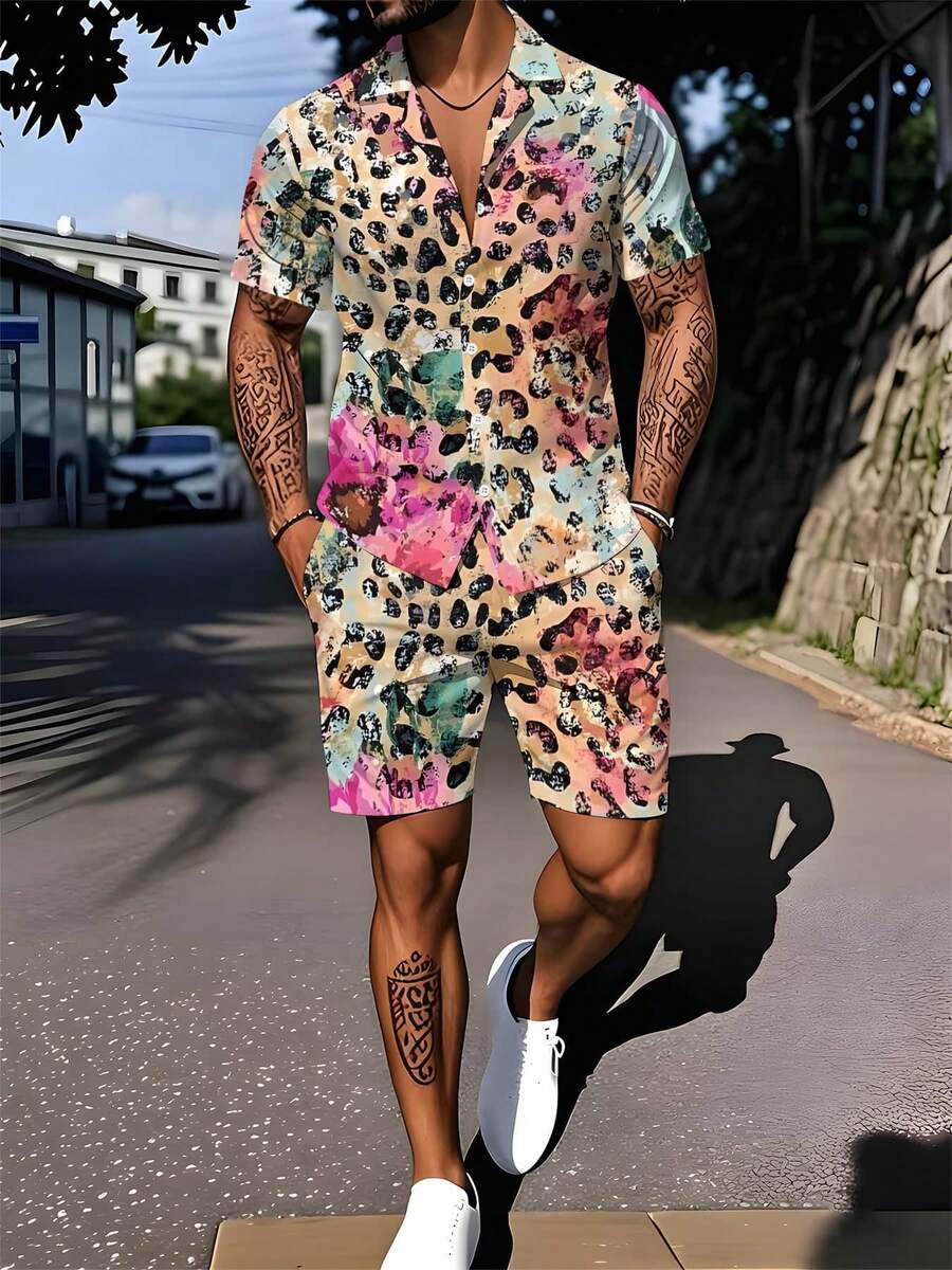 Two-Piece Watercolor Leopard Print Woven Fabric Casual Men's Surf Camp Summer Sports Leisure Pink-Green-Yellow Color Block Casual Vacation Men's Cuban Collar Shirt And Beach Shorts Set - Multicolor - View 1