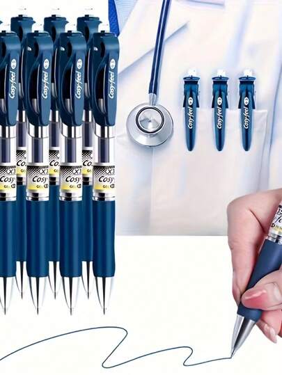 12-Pack(2 Pens+10 Pen Cores) Blue Gel Pens For Doctors And Nurses | 0.5mm Quick-Dry Smooth Writing, Ergonomic Design, Ideal For Prescription Writing And Office Supplies