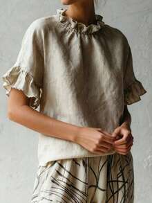 Women's Casual Homewear, Fashionable Solid Color Minimalist Design, Ruffle Hem, Faux Linen Back Slit, Faux Pearl Button Details, Dropped Shoulder Blouse, Women's Resort Wear, Summer, Women's Spring, Ladies Apparel, Elegant Shirt, Summer Tops - Apricot - View 6