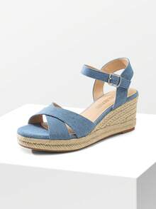 Alpargata con Tiras para Mujer con Puntera Abierta y Correa para el Tobillo, Sandalias de Cuña para Mujer con Plataforma - Azul - Ver 3
