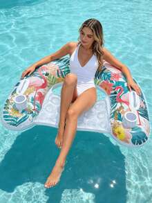 1个U型充气躺椅，火烈鸟、彩虹、水墨画、亮片元素图案，带把手和杯架，PVC材质，适用于水上、泳池、沙滩、主题派对，可作充气漂浮物、水上休息座椅，充气泵需另行购买。 - U型充氣躺椅 - 查看 6