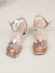 Luxury Rose Gold Metal Square Toe High Heel Sandals, Butterfly Crystal Ankle Strap, Suitable For Teenagers - Gold - View 9