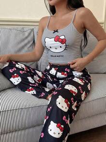 SANRIO 2件/組 女款可愛印花舒適吊帶上衣 + 長褲套裝，吊帶背心舒適適用於春、夏、秋季 - 灰色 - 查看 2