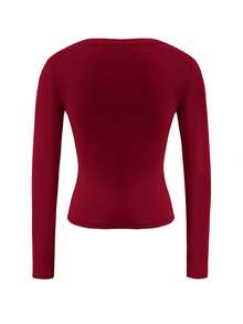 Vaiaye 女士修身 V 领性感长袖 Y2K 针织上衣，春夏纯色 V 领 T 恤，适合情人节穿着 - 酒紅色 - 查看 4