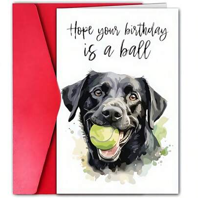 بطاقة عيد ميلاد مع كلب لابرادور أسود - تمنيات عيد ميلاد مبهجة، مثالية لعشاق الكلاب، هدية مثالية لأي عائلة أو صديق