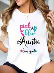 Camiseta de manga corta con estampado gráfico de género "Tía te ama" rosa o azul - Blanco - Ver 6