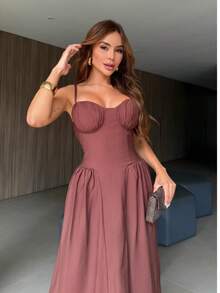 Dress With Structured Bustier - Lightness & Charm - Dark Brown - View 2