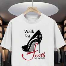 High Heel Faith Men's Cotton TShirt Elegant Stiletto Shoe with Faith Text Print Pattern Pure Cotton Premium Print Durable Casual Fashion - Negro - Ver 8