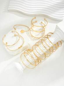 15pcs/6pcs Set Vintage Elegant Metal Hollow Carving Love Knot Flower Star Layered Bracelet Set, Minimalist Chic Suitable For Women Summer Holiday Party Date Daily Wear Versatile Jewelry Gift - Yellow Gold - View 5