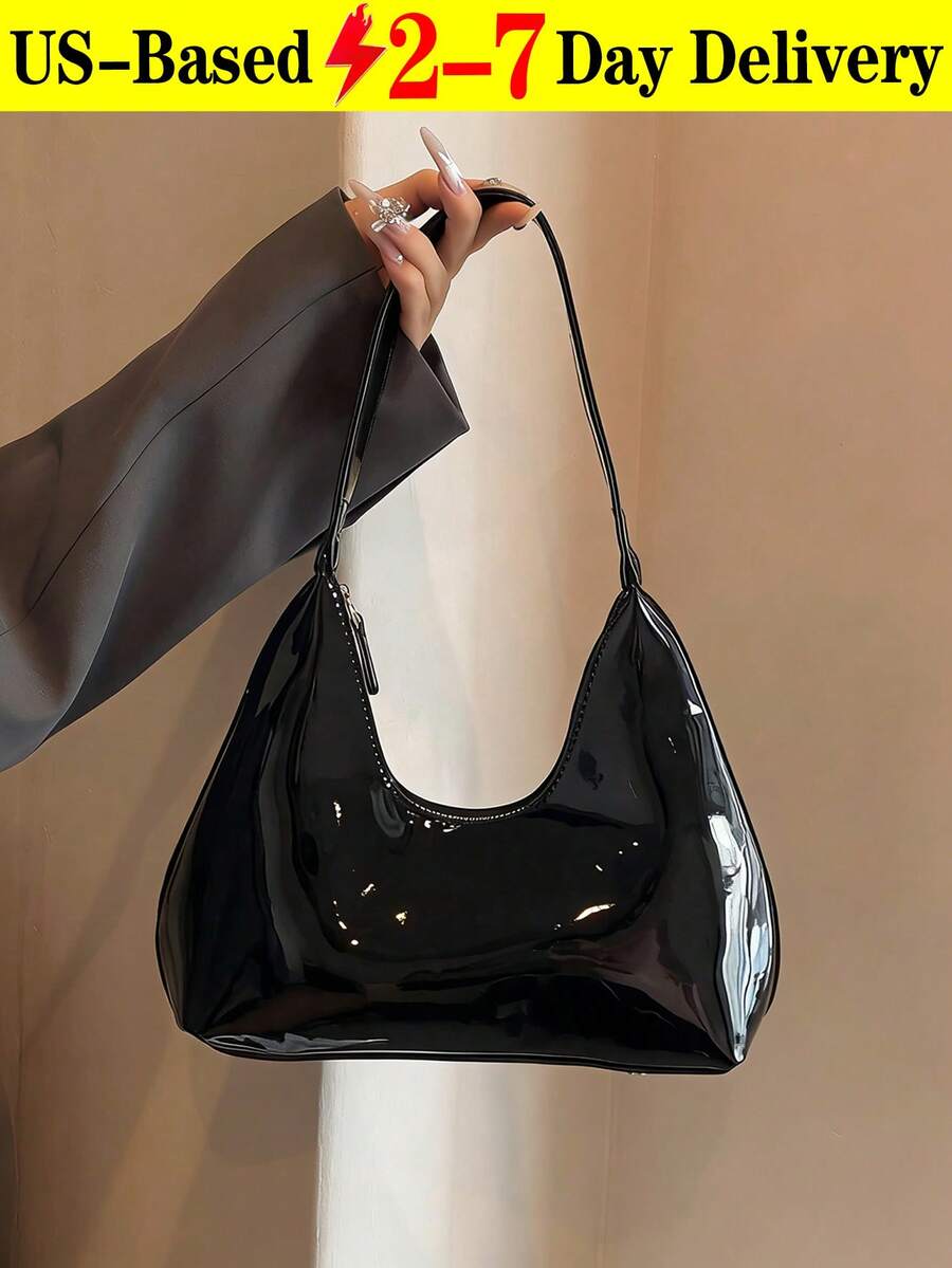 Retro Minimalist French Style Crescent Underarm Bag, Fashionable Elegant Versatile Shoulder Crossbody Baguette Handbag For Women, Korean Niche Patent Leather Baguette Crescent Shoulder Bag, Women's Handbag, Tote Bag, Fashionable Underarm Bag, Versatile Tote Bag Suitable For Shopping, Wallet, Purse, Young Female, College Student, Office Lady. Great For Office, University, Work, Business, Commuting, Outdoor Activities, Travel And Hiking[US Local Warehouse]The Best Gift Choice, Birthday Gift - Nhiều màu - Xem 1