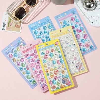 1pc/6pcs Japanese Cartoon 3D Crystal Stereo Stickers, Cute Water Drop Embossed Stickers For Scrapbooking, DIY Decoration, Stationery