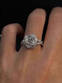 1pc Elegant Luxurious Cubic Zirconia Flower Design Copper Open Ring, Gentle Chic For Daily, Vacation, Wedding - Silver - View 6