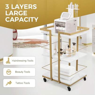 GCCSJ Spa Storage Cart,Esthetician Cart - 3 Tier Rolling Cart For Salon & Spa,Heavy Duty Mobile Nail Carts With Locking Wheels With Large Storage Space For Makeup,150 LB Capacity ,Skincare Tools,Salon Supplies