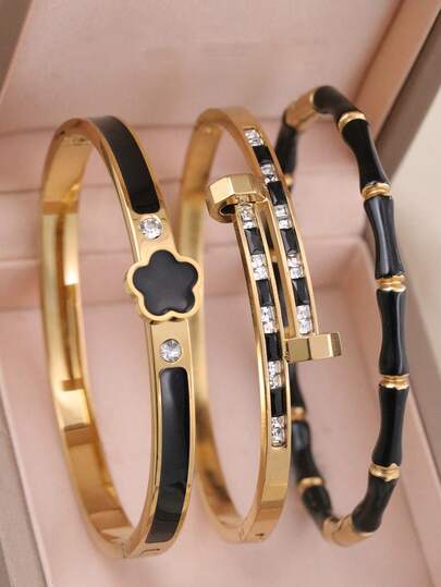 Set de 3 piezas/1 pieza de pulsera con trébol y LOVE en tono dorado, chapado en oro de 18K, brazalete apilable de lujo vintage para mujer, para uso diario y regalo de fiesta