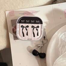 GUCADI 1pc Transparent Black & Pink Striped Bow + Silver-Plated Black Cherry Pendant, Sweet & Cool Black & Pink Bow Apple 4/Pro 2 Bluetooth Earphone Case, Cherry Pendant - Multicolor - View 9