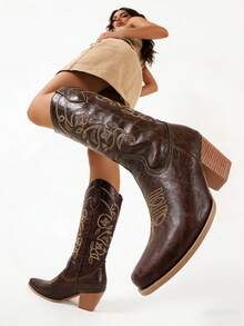 Cowboy Boots For Women, Brown Western Style Fashion Pointed Toe Embroidered Chunky Heel Slip-On Boots, Autumn/Winter - Dark Brown - View 5