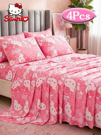 SANRIO 四件套可爱卡通印花床上用品套装，包含被套、床单和枕套，采用柔软超细纤维面料，触感舒适。卡通风格，柔软亲肤，适合宿舍、家庭卧室、酒店等各种环境，四季皆宜，是送给男孩女孩的绝佳礼物，也是开学必备。适用于所有床型尺寸：单人床、双人床、大号双人床、特大号双人床。
