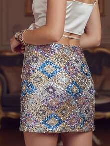 Detalles sexy de lentejuelas sólidas minifaldas para fiestas festivas femeninas - Plateado - Ver 5