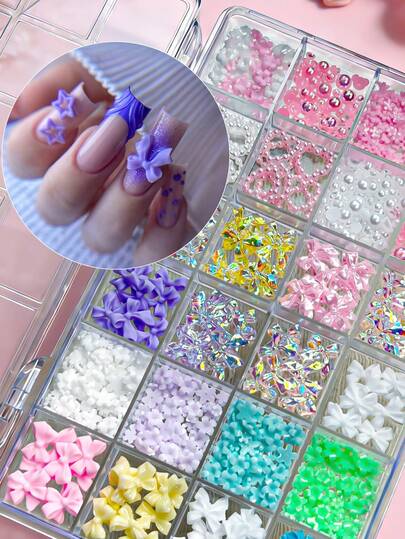 24Grids Spring 3D Nail Art Decoration Kit,With Resin Flowers, Bows, Pearls, Hearts, Rhinestones - Spring Nail Charms For Manicure DIY, Nail Art Supplies For Women & Girls, Ideal For Easter & Spring Nail Designs