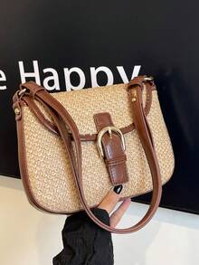 New Summer Niche Straw Saddle Bag, Handheld/Shoulder/Crossbody Versatile Woven Bag - Khaki - View 12