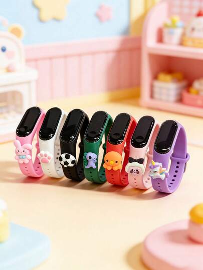 7pcs Kids LED Touch Screen Electronic Watch With Cute 3D Cartoon Pendant, 7 Color Options, Time & Date Display, Suitable For Birthday, Christmas, Holiday Gifts, Daily Wear, School, Sports