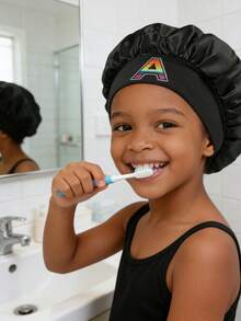 1PC Children's Smooth Satin Bonnet With Letter, Fashionable And Comfortable Sleep Cap, Breathable And Non-Slip, Daily Hair Care Hat - Black - View 3