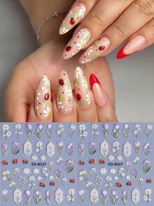 2片/套 5D立体郁金香雏菊春季花卉美甲贴纸，自粘式3D花叶植物图案美甲装饰，可爱日式美甲沙龙DIY配件 - 彩色 - 查看 3