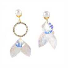 Mermaid Ji Super Fairy Asymmetric Long Earrings Shell Fishtail Colorful Fresh I Mosquito Coil Ear Clip Without Pierced Ears - Kẹp tai hình đuôi cá dài chống muỗi - Xem 5