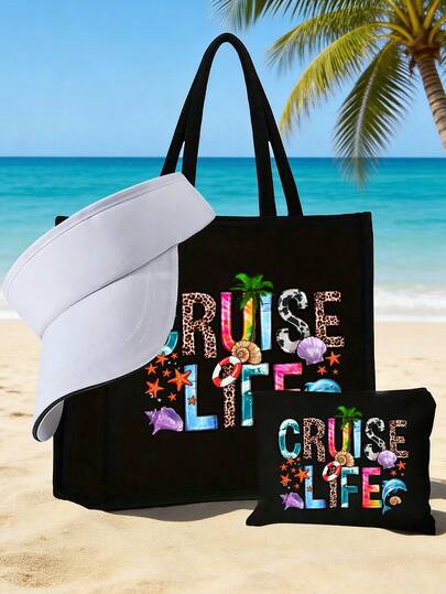Juego de bolso de playa para mujer, impreso con las letras "Cruise Life", juego de bolso de lino, bolso de hombro de gran capacidad simple, con bolsa de cosméticos portátil, sombrero de sol, sombrero protector solar, bolso de almacenamiento casual, bolsa de compras multifuncional, bolsa de regalo personalizada o bolsa de almuerzo. Perfecto para ir de compras, ir y venir del trabajo, volver a la escuela.