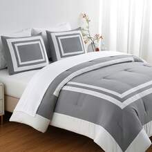 Wyatt 7-Piece Square Pattern Hotel Style Bed In A Bag Comforter Set With Bed Sheets - Gray/White - View 10