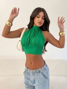 Cropped Balloon Top With Neck Tie, Sensual And Elegant, Made Of Spandex. - Green - View 1