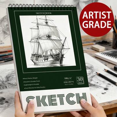 دفتر رسم مربوط بحلزون سميك 180 جرام/م2، 30 ورقة، مناسب للرسم والتخطيط والألوان المائية والأكريليك والفحم والرصاص، رائع للفنانين والطلاب وهواة الرسم