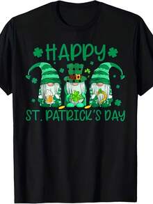 mens unisex retro st s day t shirt funny three gnomes holding shamrock leopard graphic tee comfortable casual short sleeve shirt for irish party apparel, cotton 180gsm, Holiday men's and women's T-shirts as gifts, S-XXXL, black - Negro - Ver 1