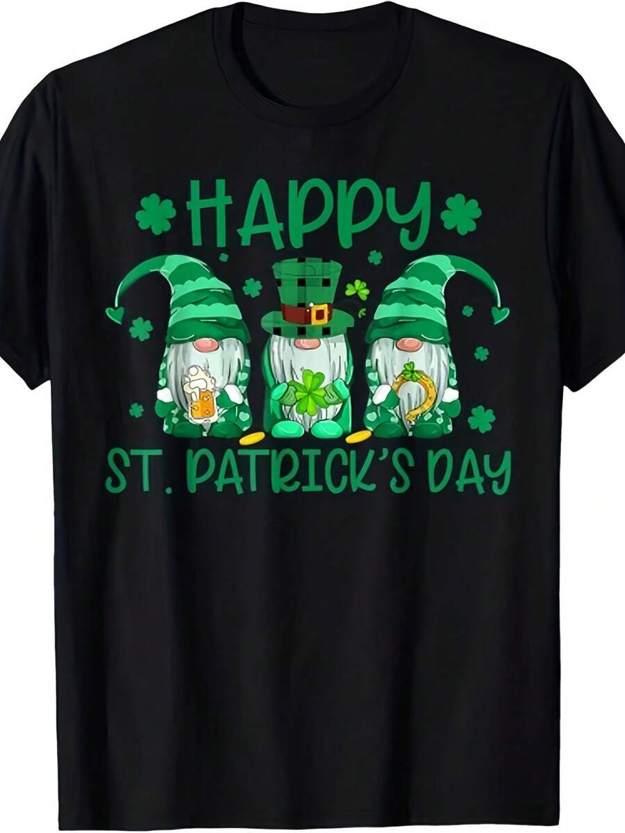 mens unisex retro st s day t shirt funny three gnomes holding shamrock leopard graphic tee comfortable casual short sleeve shirt for irish party apparel, cotton 180gsm, Holiday men's and women's T-shirts as gifts, S-XXXL, black - Negro - Ver 1