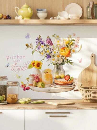 Kitchen With Love Floral Wall Decal | Watercolor Flower & Fruit Peel And Stick Wall Sticker | Removable Self-Adhesive Art For Kitchen, Dining Room, And Home Decor