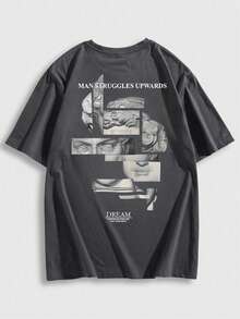 ONE WAVE Men's Casual Versatile Sculptural Element Print Short Sleeve T-Shirt - Dark Grey - View 5