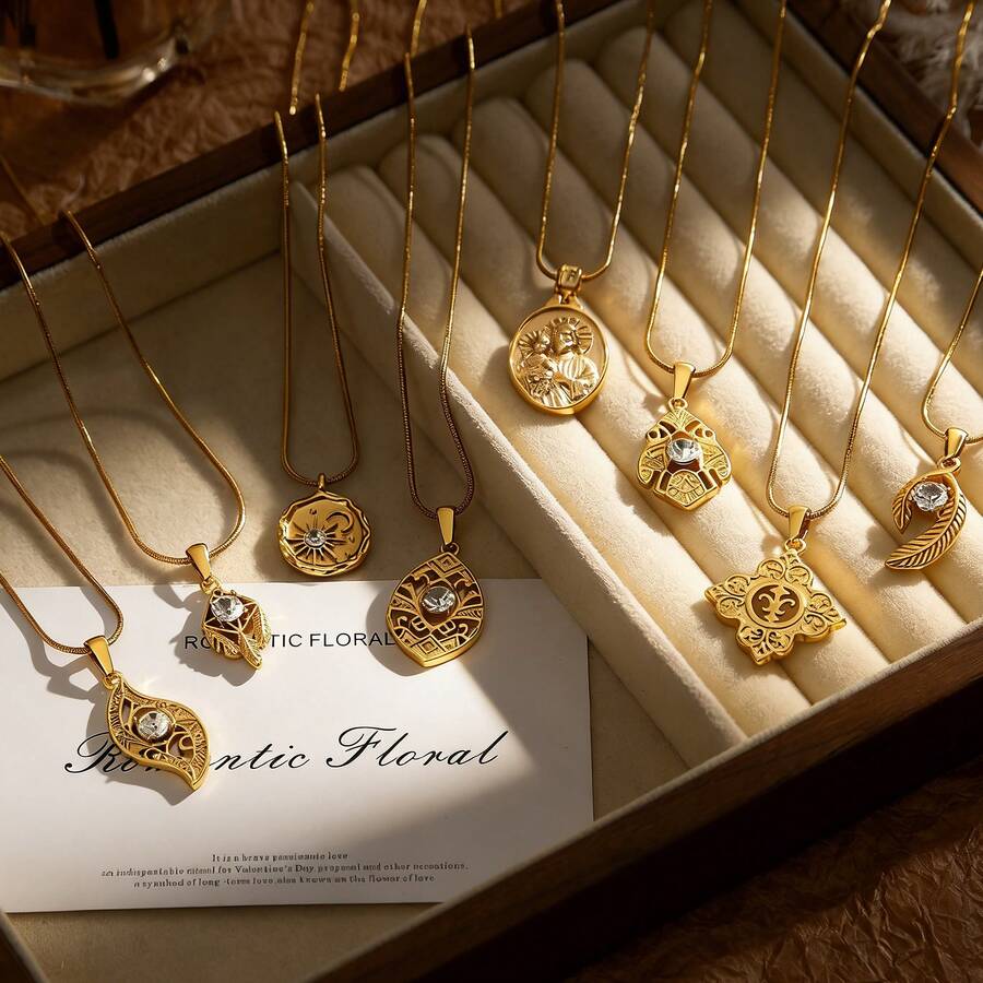 1 chiếc dây chuyền mặt dây chuyền hình ngôi sao và mặt trăng cổ điển bằng thép không gỉ, trang trí lá vàng và đá Zirconia, trang sức thanh lịch cho cả đeo hàng ngày và dự tiệc. - Vàng - Xem 1