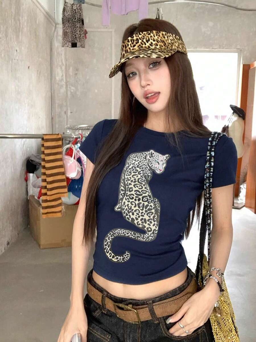 女士Y2K休闲时尚街头豹纹短袖修身短款T恤，适合日常通勤 - 藍色 - 查看 1