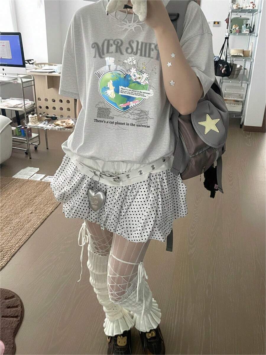 2026夏季新款女式圆领休闲宽松英文字母和猫咪印花设计地球日时尚百搭学生短袖T恤，1件装 - 淺花灰 - 查看 1