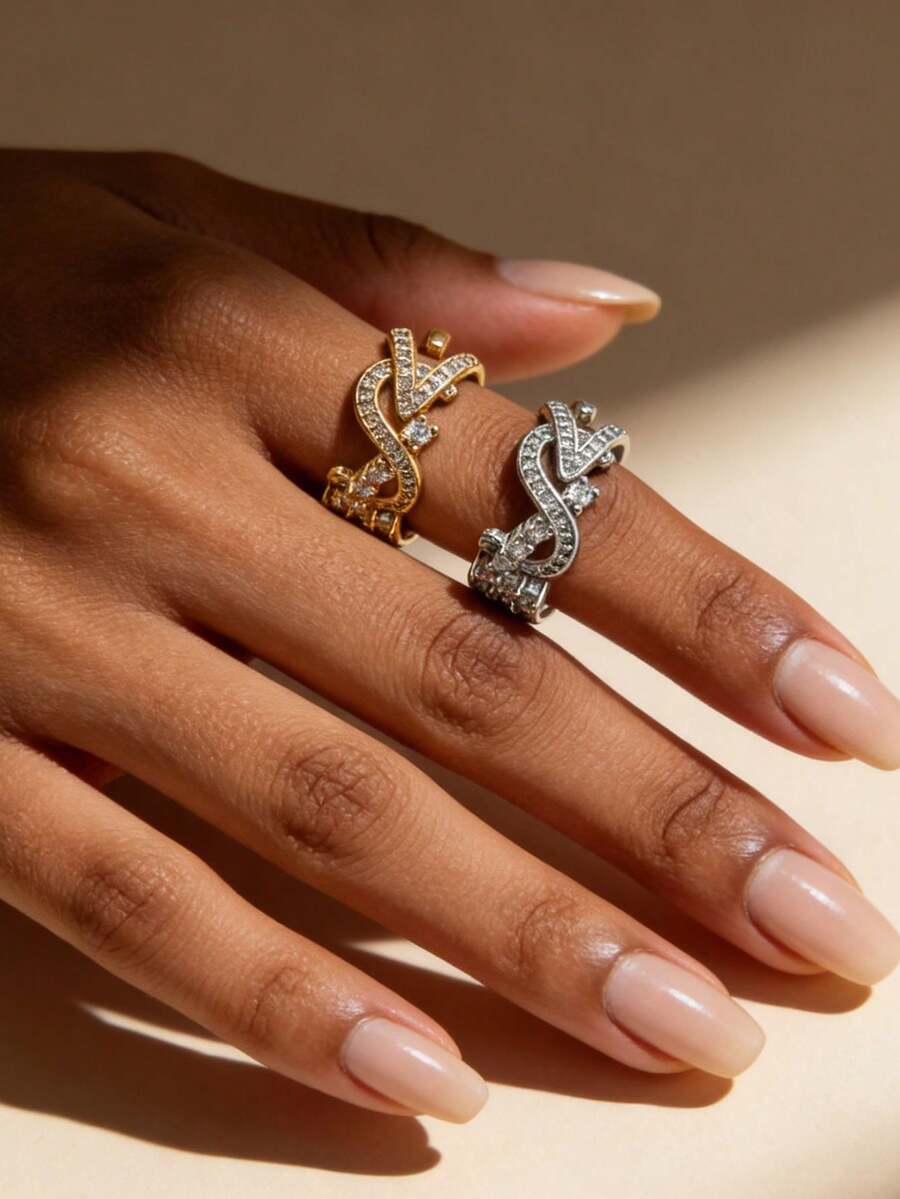 Anillo de lujo con forma de V con diamante de imitación, opciones de color dorado y plateado, diseño único con banda delicada, accesorio versátil con estilo vintage, regalo para novia/mejor amiga, joyería de comercio electrónico transfronterizo de gran - Anillo en V - Ver 1