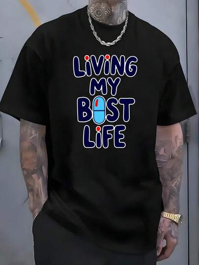 Camiseta de Algodón Grueso, Suave y Transpirable para Hombre y Mujer - Camiseta Motivacional "Living My Best Life" con Diseño de Cápsula - Ropa para el Día de la Independencia, Uso Casual Diario - Camiseta de Cuello Redondo Lavable a Máquina, Camiseta para Celebraciones, Camiseta con Gráficos Vibrantes, Camiseta de Ajuste Cómodo, Ropa Patriótica, Estilo Vintage, Material Duradero, Camiseta Unisex, Ropa Unisex