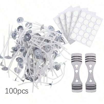 100pcs Candle Wicks Set (100pcs Wicks + 2pcs Holders + 100pcs Stickers), 3-Hole Wick Holders, Smokeless Candle Wicks, Double-Sided Adhesive For Candle Wicks