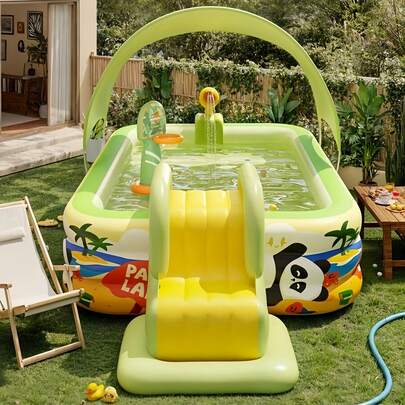 2026新款熊猫主题充气游泳池，便携式，三层加厚夏季清凉泳池，适合家庭聚会、户外派对、露营、野餐、后院娱乐