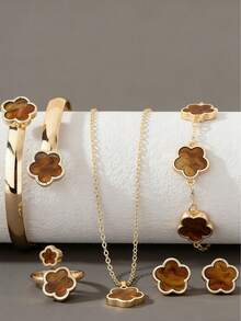 1 Set: 1 Lucky Clover Pendant Necklace, 1 Bracelet, 1 Pair Earrings, 1 Ring, 1 Bangle, Women Jewelry Set - 棕色 - 查看 6